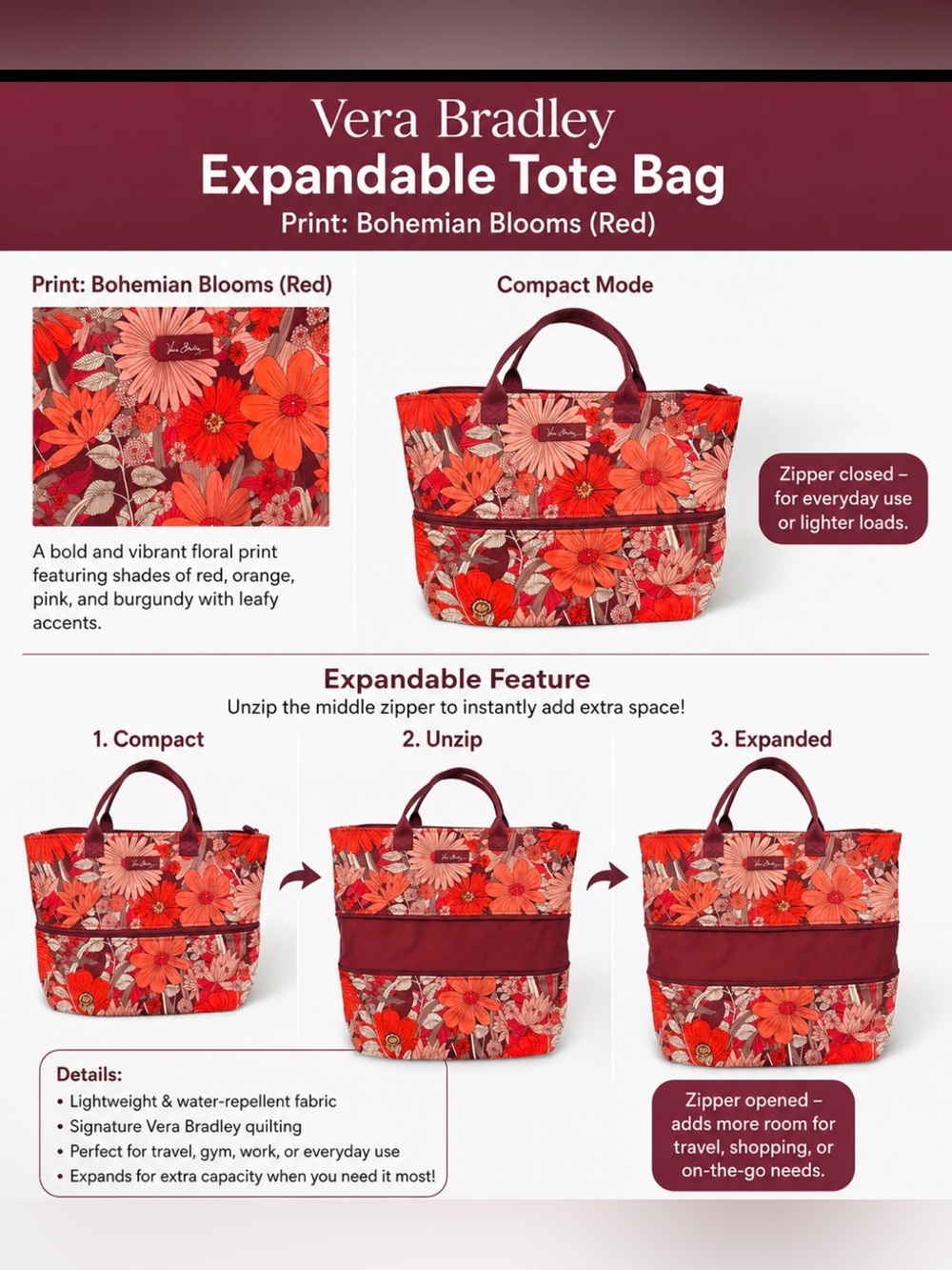 VERA BRADLEY EXPANDABLE Bohemian Blooms NEW travel weekender Bag